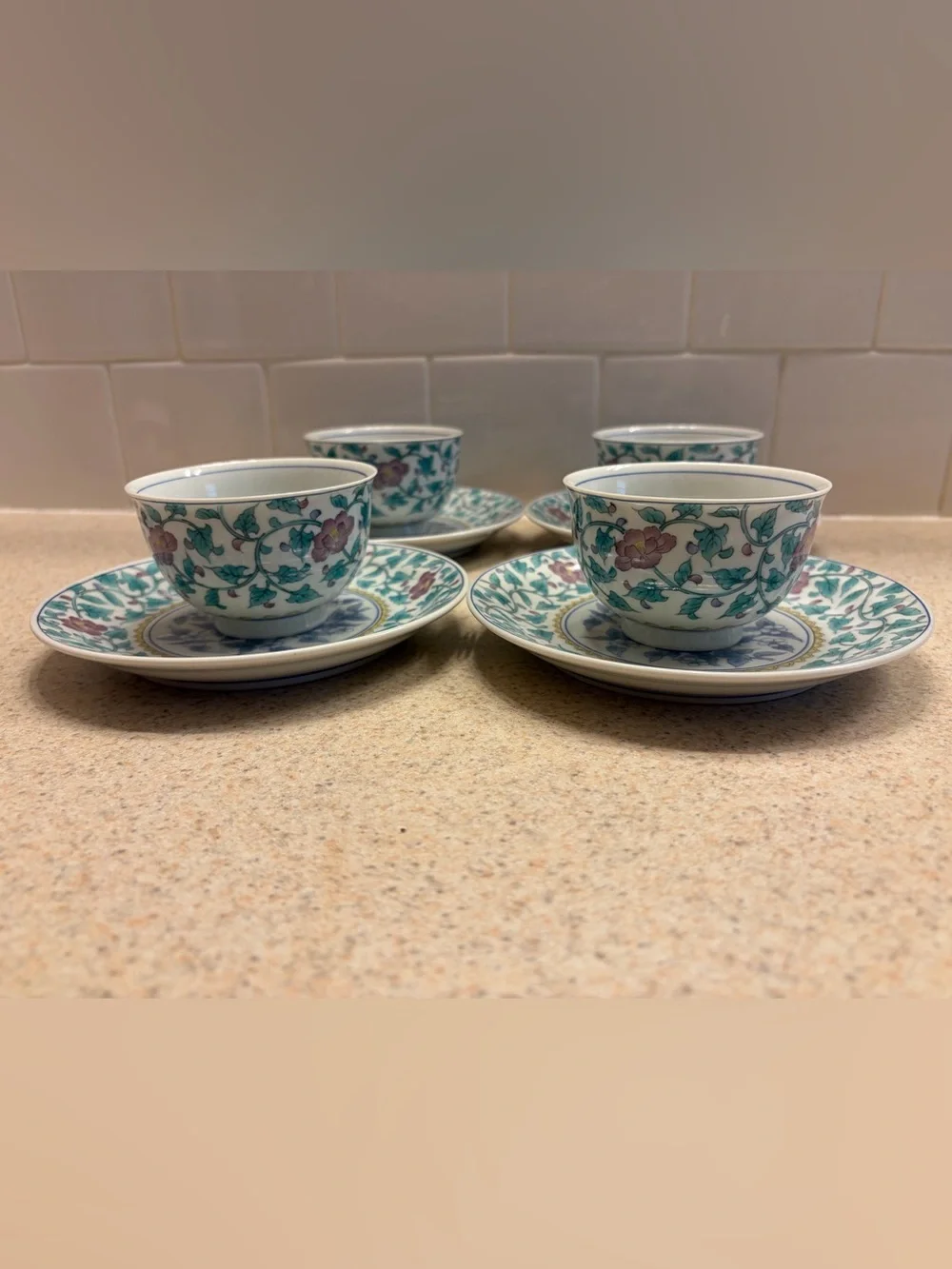 Vintage Arita Floral Porcelain Tea Cup and Saucer Set - Green and Pink